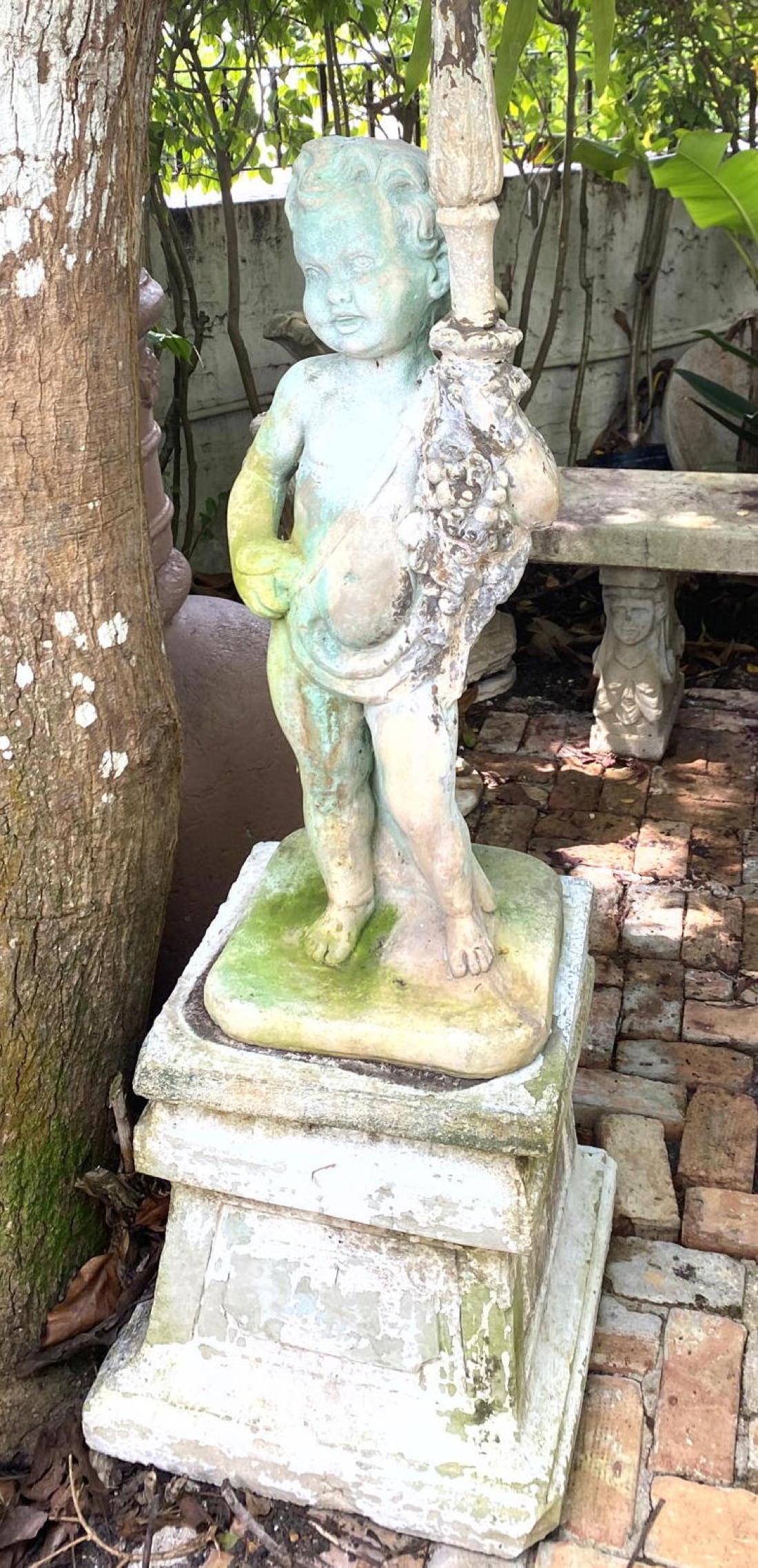 Cement 2pc Garden Statue Boy Holding Torch on Pedestal. (1 of 9)