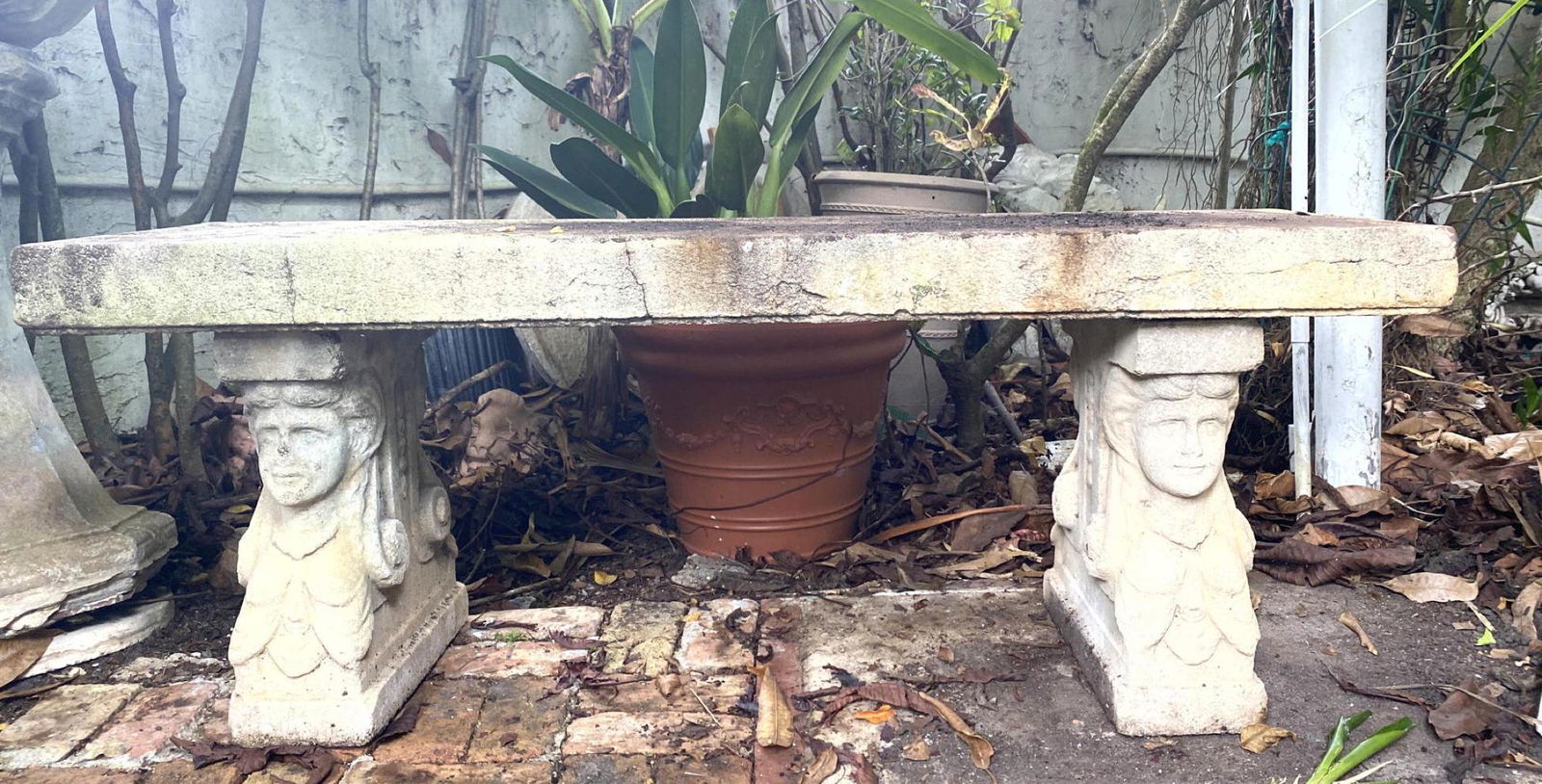 Cement Garden Bench Figural Lady Pedestal Sides (1 of 14)