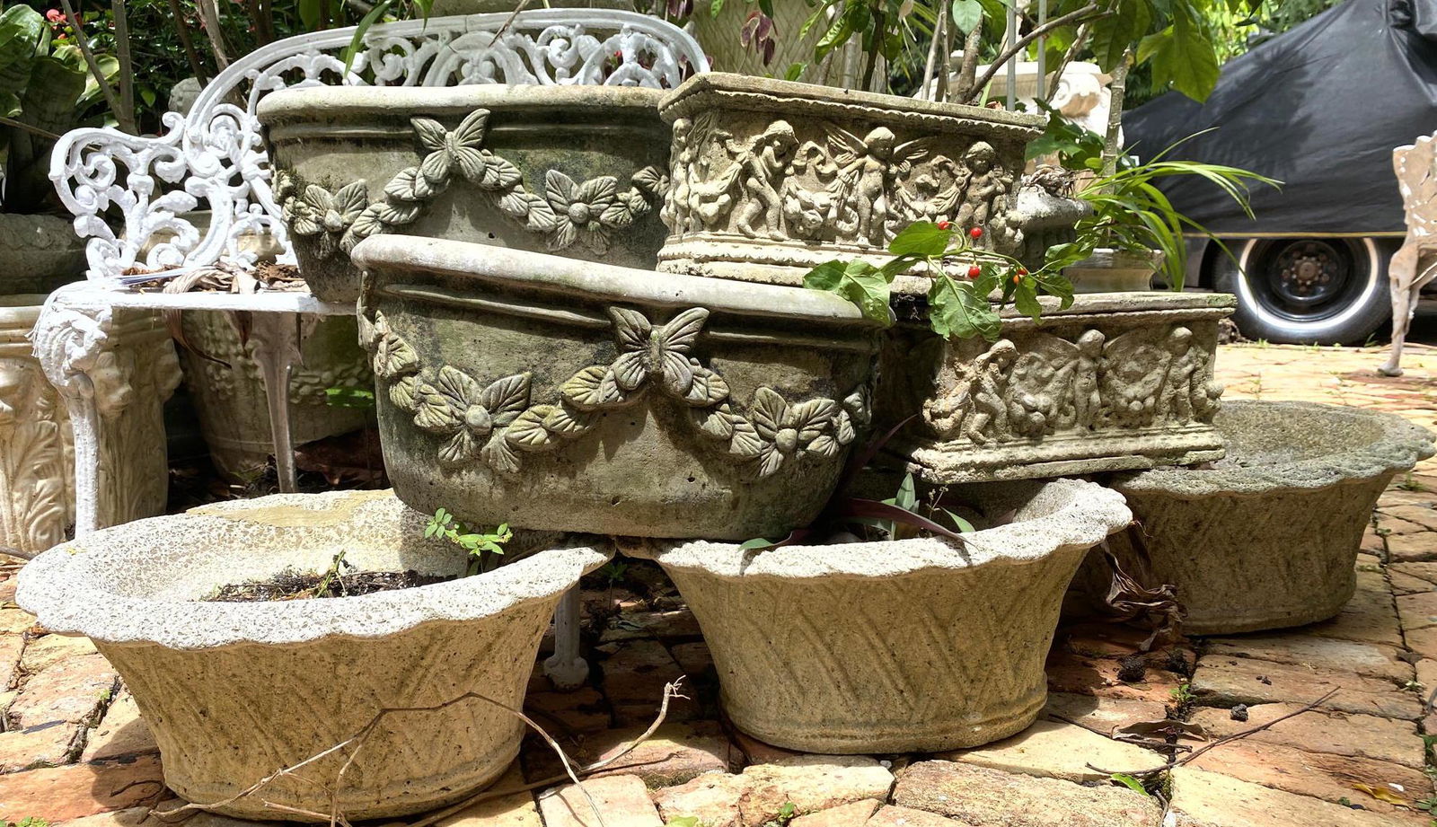 7 Cast Stone Cement Garden Planters. Woven planters are (1 of 12)