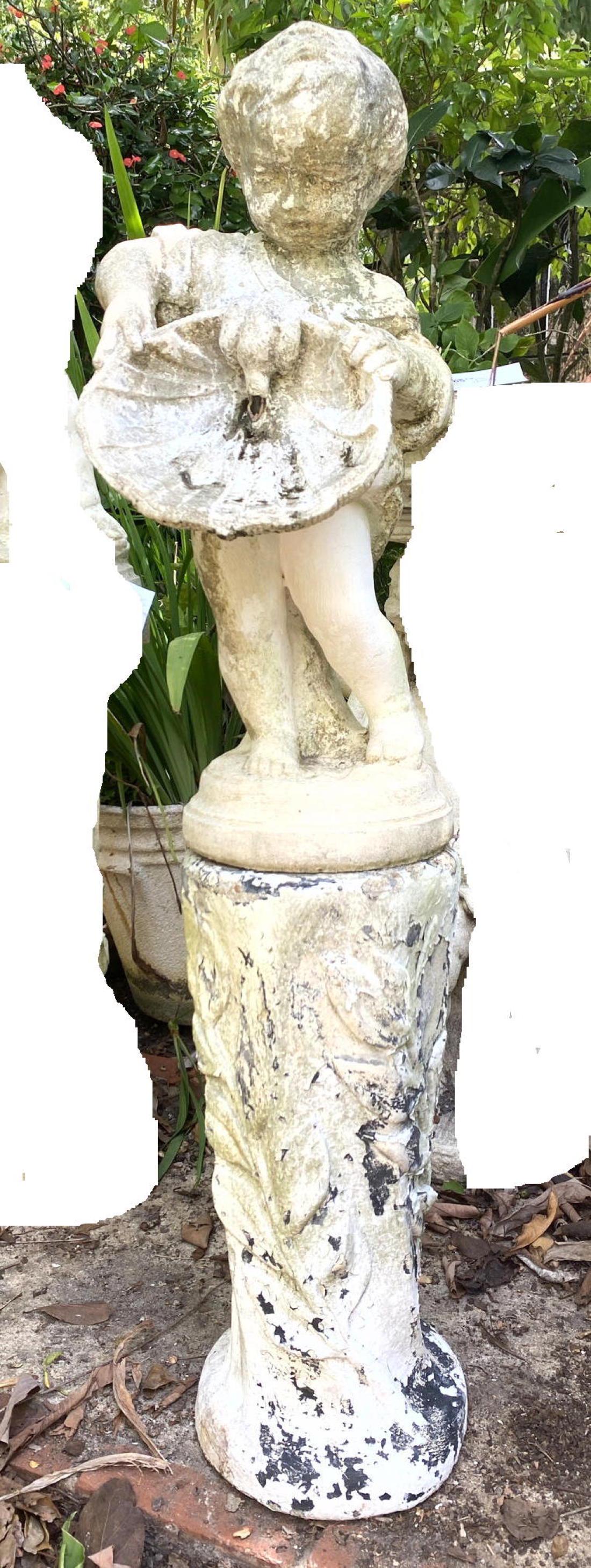 Cement Garden Statuary Boy Holding Shell. Has hole coul (1 of 9)