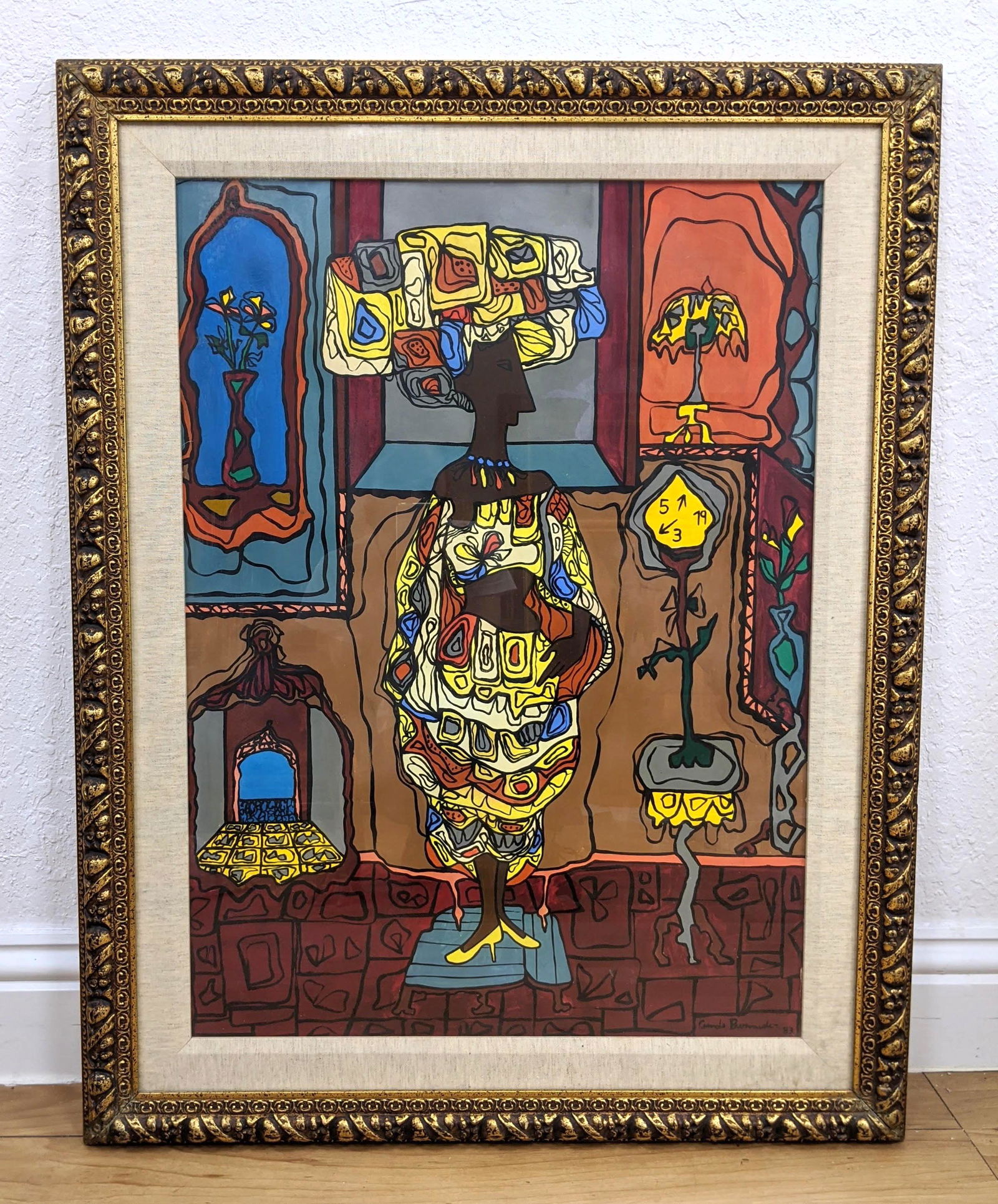 In the style of CUNDO BERMUDEZ Painting on Paper. Colo: In the style of CUNDO BERMUDEZ Painting on Paper. Colorful Woman with heels and oversized headwear. Framed under glass. This is being offered as 'IN THE STYLE OF'. We do not believe this to be authent