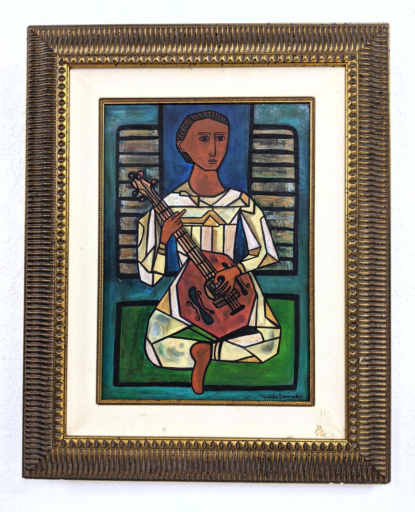 In the style of CUNDO BERMUDEZ Painting on Canvas. Ma: In the style of CUNDO BERMUDEZ Painting on Canvas. Man with instrument. This is being offered as 'IN THE STYLE OF'. We do not believe this to be authentic. Please bid on this as an artistic interpreta