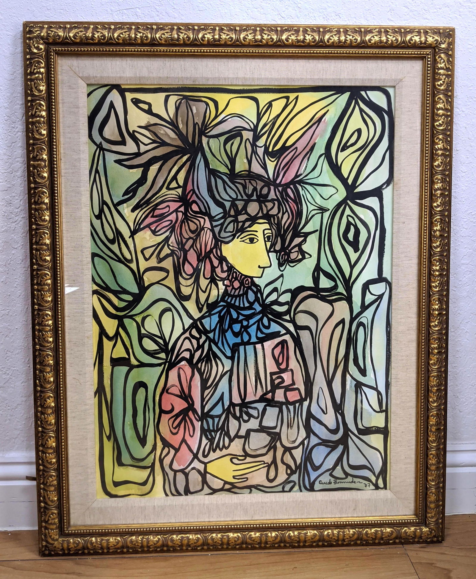 In the style of CUNDO BERMUDEZ Painting on Paper. Colo: In the style of CUNDO BERMUDEZ Painting on Paper. Colorful image in pastel colors. Framed under glass.This is being offered as 'IN THE STYLE OF'. We do not believe this to be authentic. Please bid on