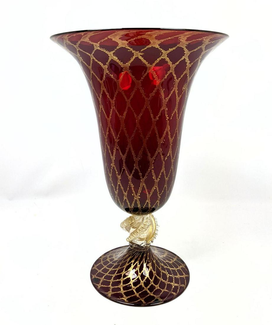Murano Italian Ruby Red Art Glass Trumpet Vase. Gold fi (1 of 10)