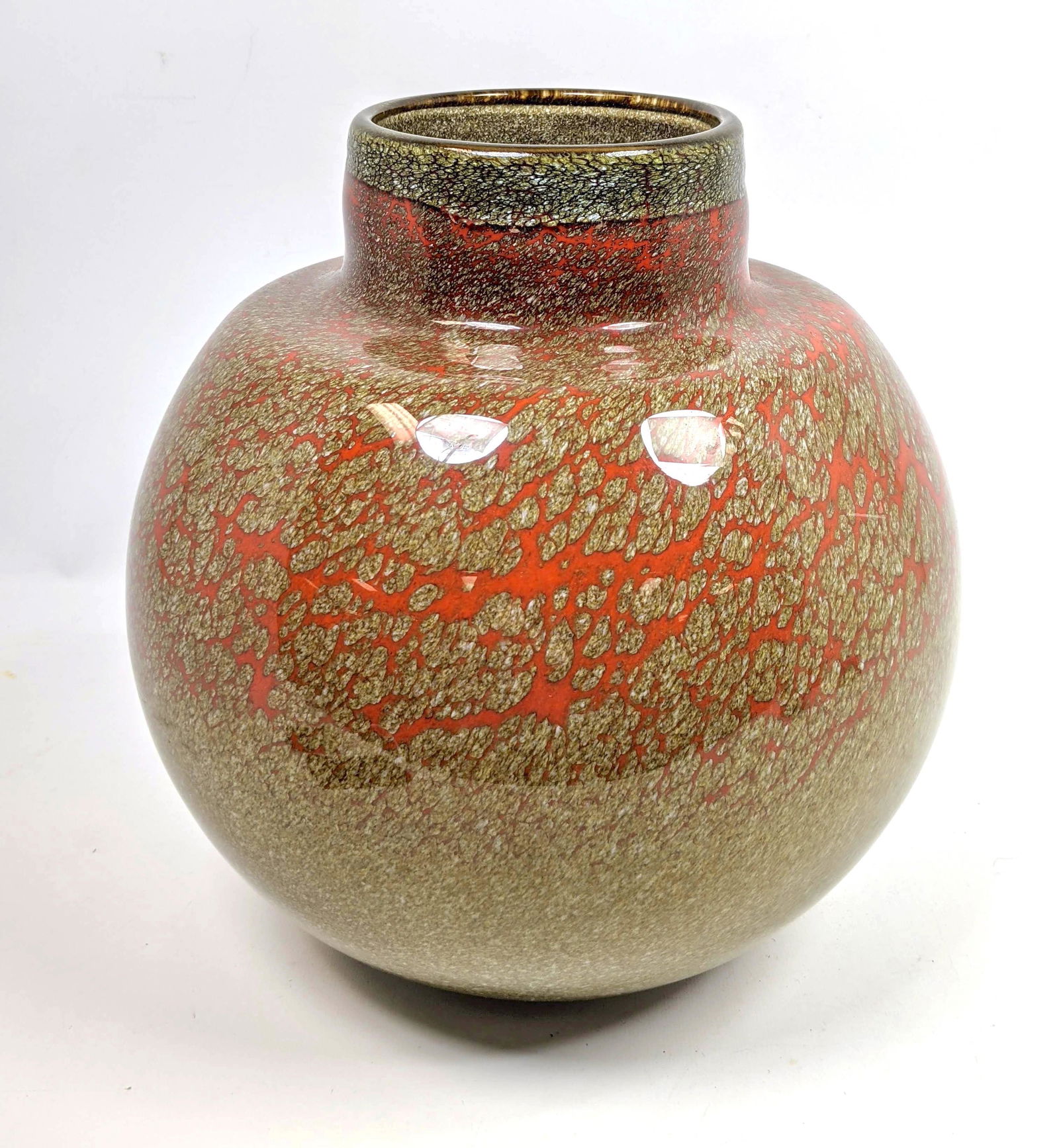 Modernist Large Bulbous Art Glass Vase. Mottled Red and (1 of 10)