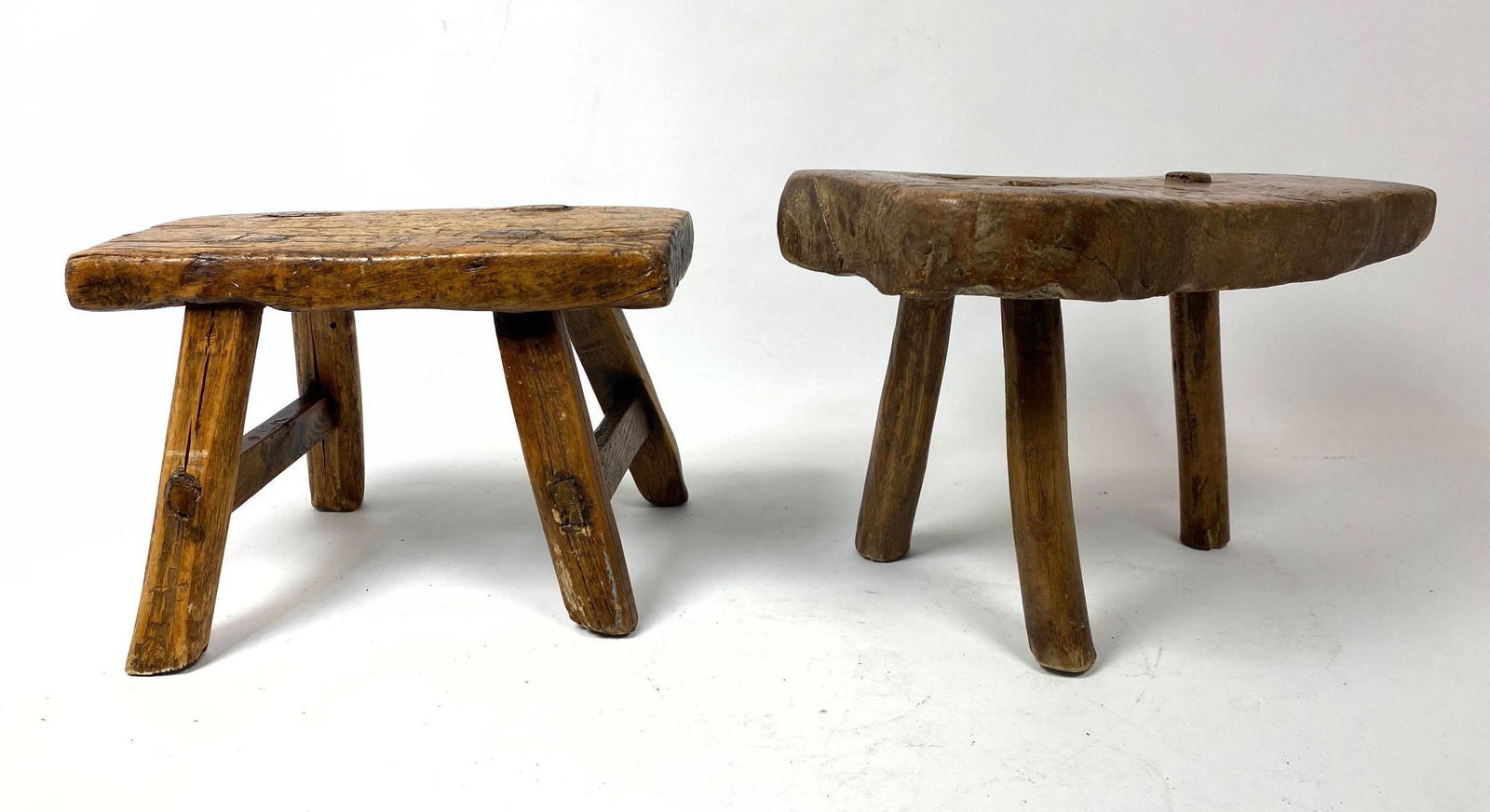 2pc Primitive Low Wood Stools. One three legged. One fo (1 of 10)