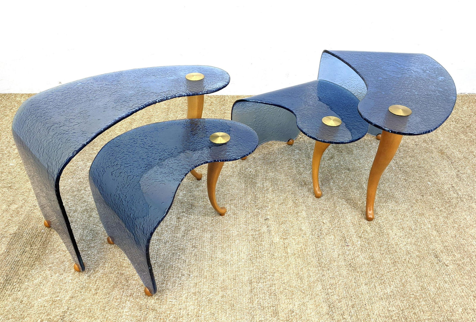 4pc Blue Glass Wood Leg Modernist Side Tables. Textured (1 of 17)