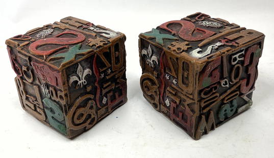 Pr SHELDON ROSE Alpha Sculpt Cube Sculptures. Blocks wi: Pr SHELDON ROSE Alpha Sculpt Cube Sculptures. Blocks with Painted raised letters and symbols. ALPHASCULPT. Marked. -- Dimensions: H: 4 inches: W: 4 inches: D: 4 inches ---