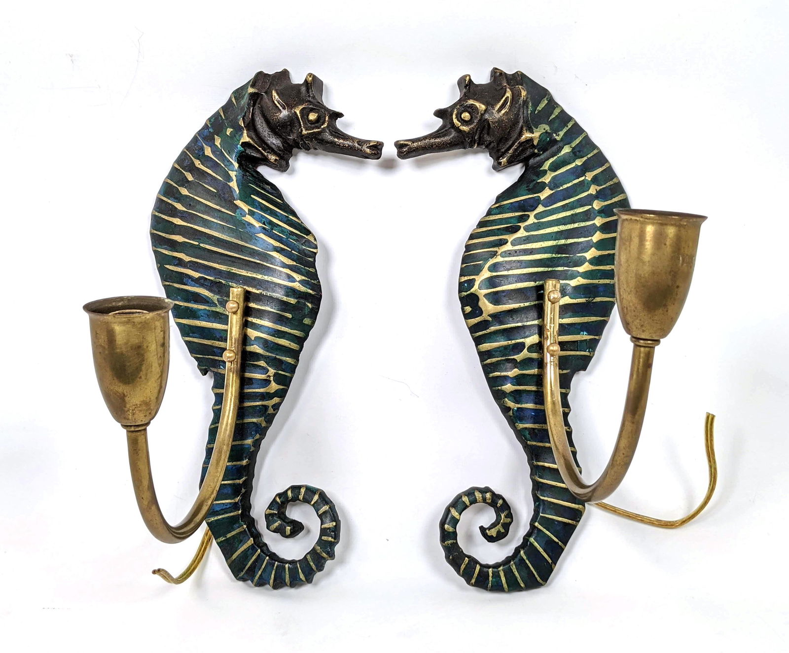 Pr Enameled Bronze Large Seahorse Wall Sconces. Each Se (1 of 11)