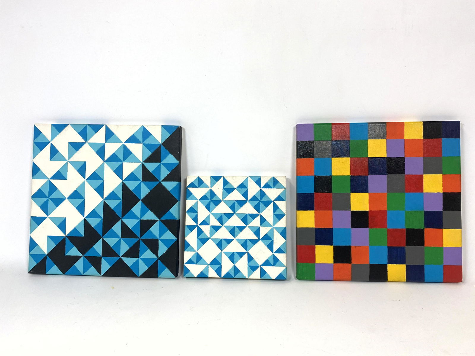 3pc Modernist Op Art Abstract Paintings. Geometric Tria (1 of 7)