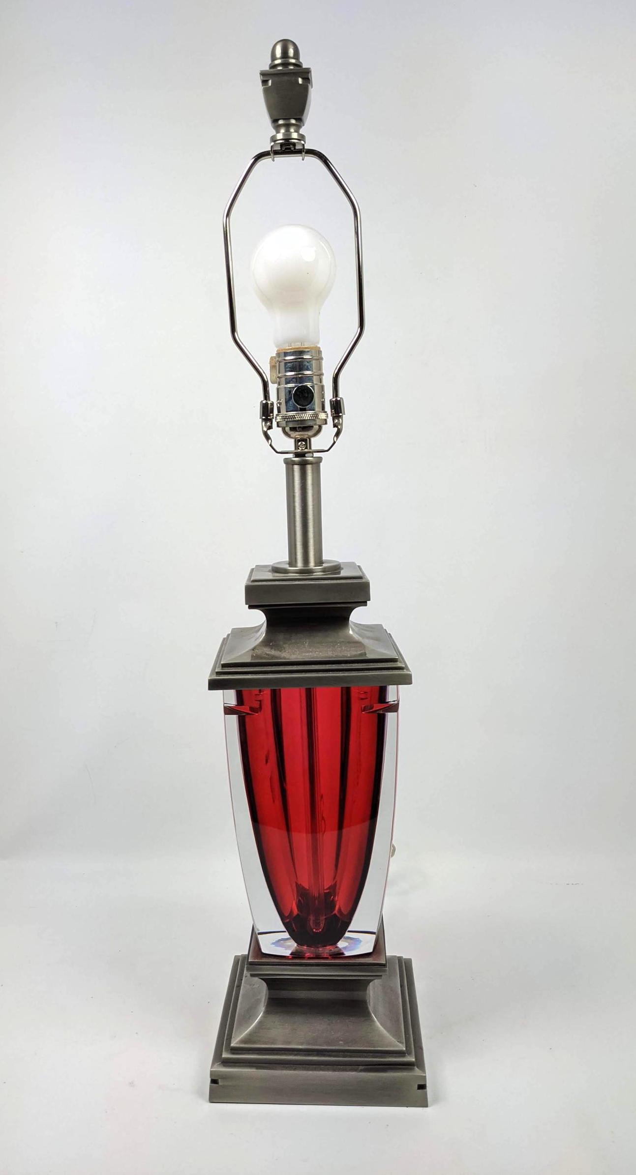 WATERFORD Ruby Glass Table Lamp. Metal Trim and Base. M (1 of 13)
