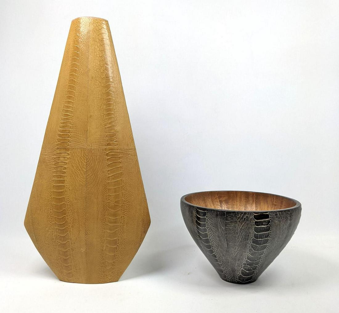 2pcs R&Y AUGOUSTI Lizard Skin Vase Bowl. French Modern: 2pcs R&Y AUGOUSTI Lizard Skin Vase Bowl. French Modernist tableware. Bowl has beautiful wood interior. Marked Augousti PARIS. -- Dimensions: H: 20.5 inches: W: 10 inches: D: 2.5 inches ---
