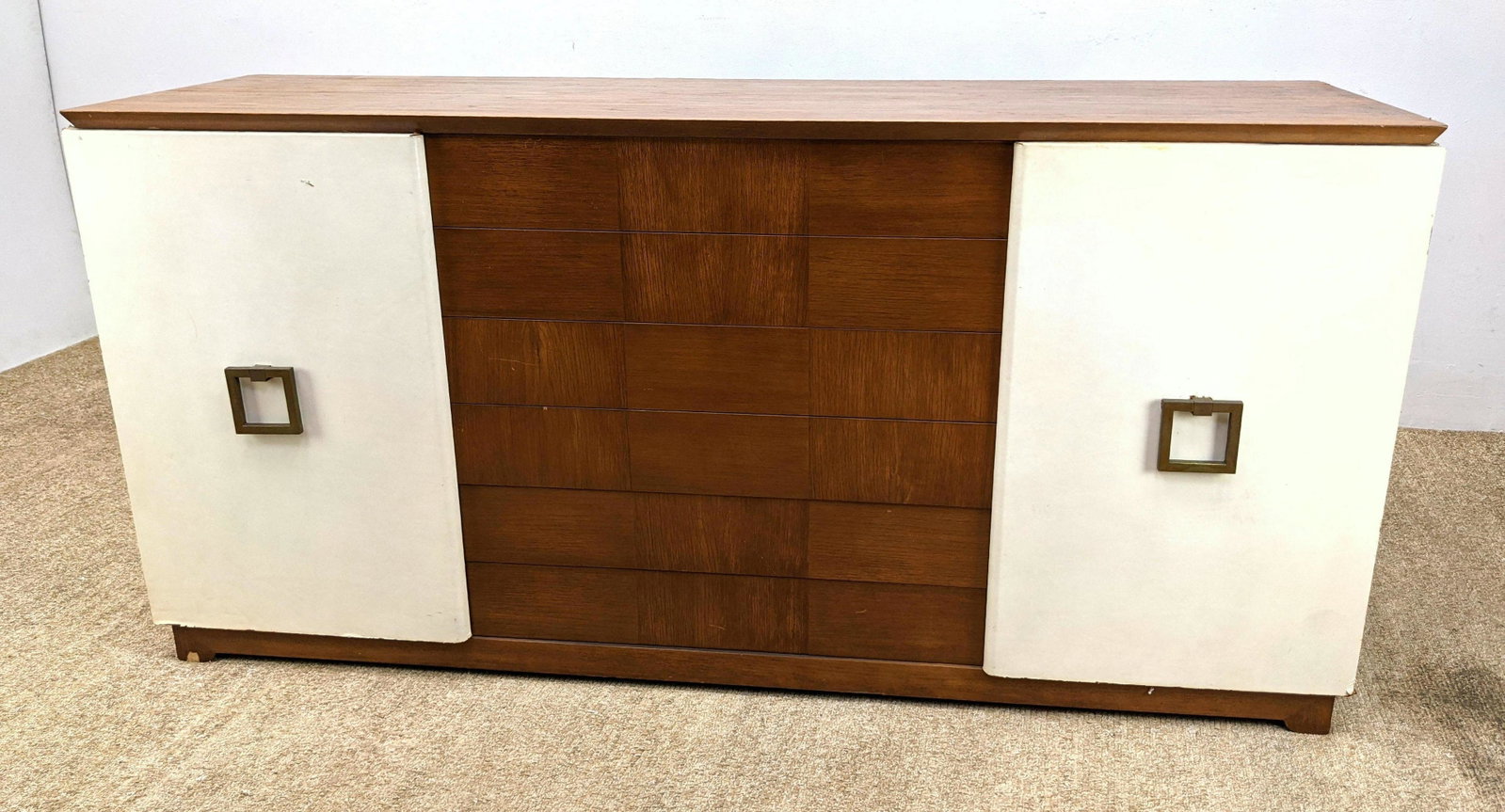 Parzinger style Credenza. Two Outer Painted Leather Doo: Parzinger style Credenza. Two Outer Painted Leather Doors with Square Pulls. -- Dimensions: H: 35 inches: W: 72 inches: D: 21 inches ---