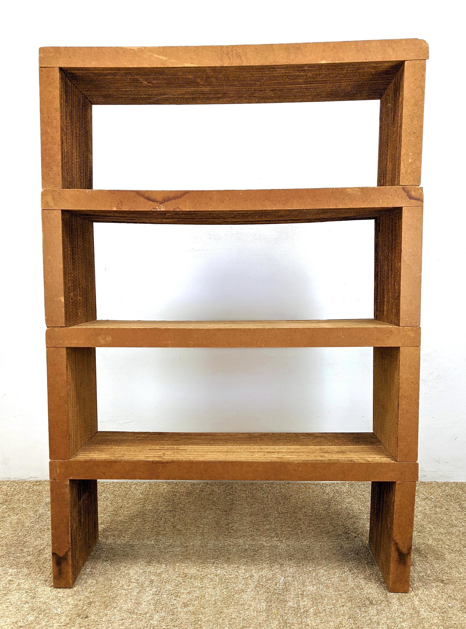 4pc EASY EDGES Corrugated Cardboard shelf. FRANK GEHRY: 4pc EASY EDGES Corrugated Cardboard Bookshelf. FRANK GEHRY. Labeled. Conceived and designed in 1972. label-- Dimensions: H: 55 inches: W: 38 inches: D: 12 inches ---