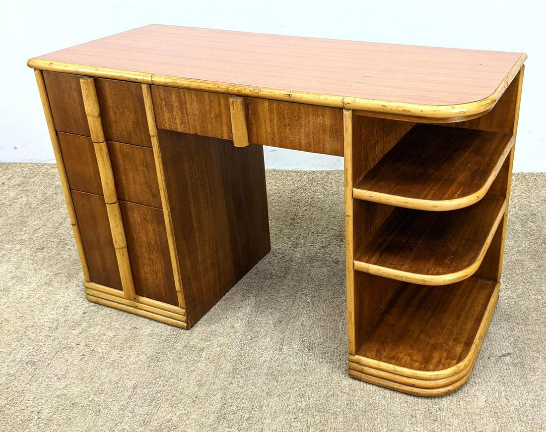 RITTS Co TROPITAN Bamboo Wood Modernist Desk. Wood Fram: RITTS Co TROPITAN Bamboo Wood Modernist Desk. Wood Frame with bamboo trim and pulls. Faux Wood Laminate Top. Marked.-- Dimensions: H: 30.5 inches: W: 46.5 inches: D: 20 inches ---