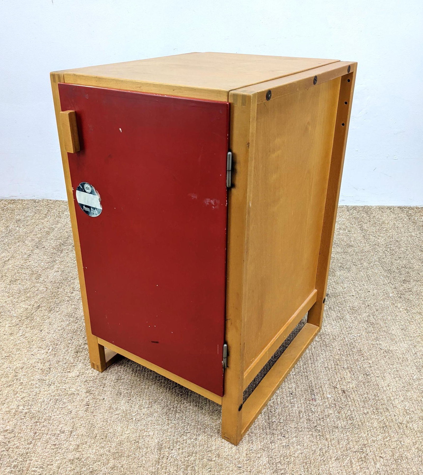 Blond Wood Red Door Cabinet Night Stand. By Lommhult Sw: Blond Wood Red Door Cabinet Night Stand. By Lommhult Sweden 1966. Raised on feet. -- Dimensions: H: 29.75 inches: W: 17.75 inches: D: 19.5 inches ---