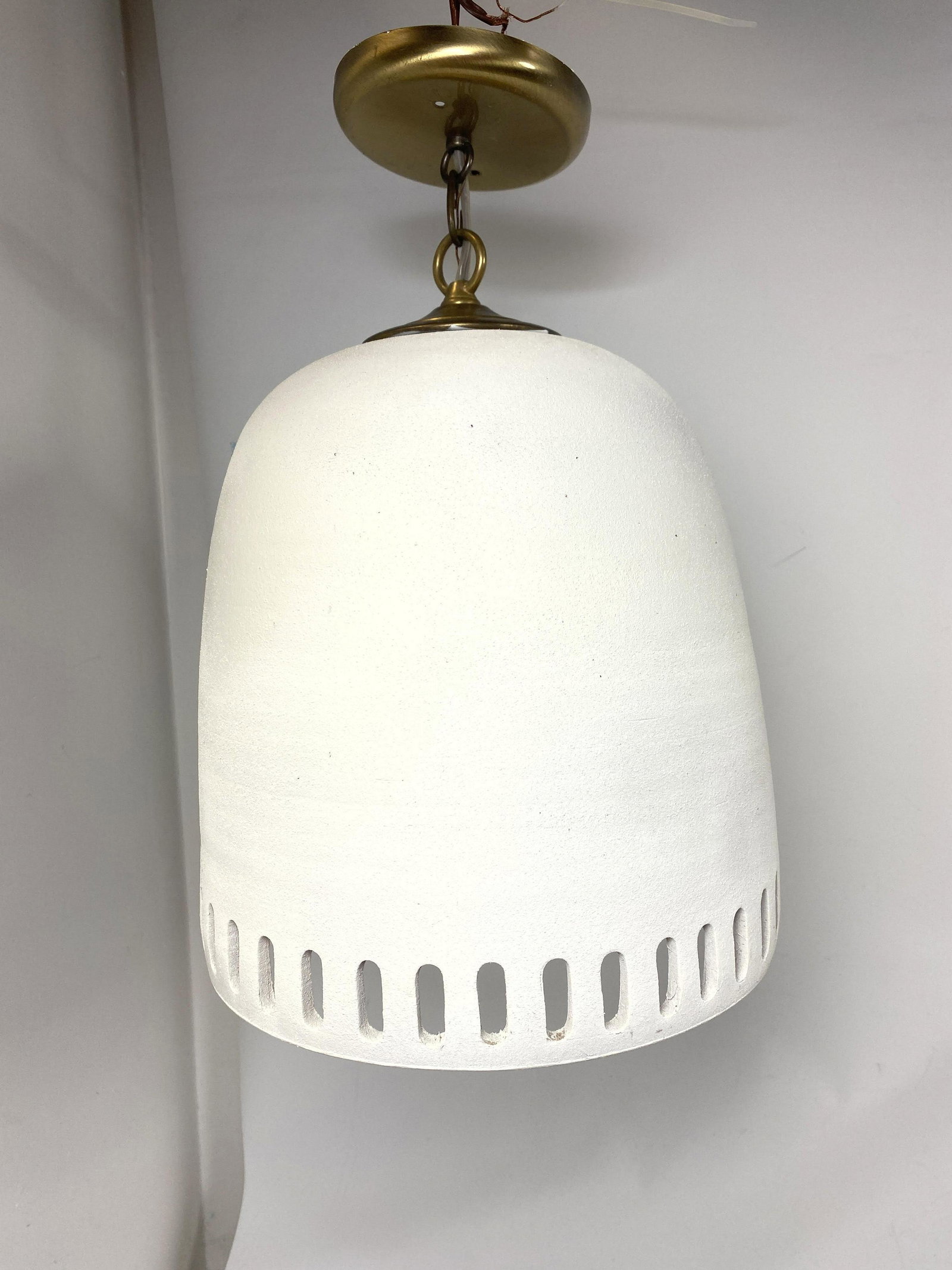 Frank Willett SANTA FE LIGHTS Pottery Pendant Light.: Frank Willett SANTA FE LIGHTS Pierced Pottery Hanging Pendant Light. Cream textured body with pierced decoration to rim. -- Dimensions: H: 16 inches: W: 12 inches: D: 12 inches ---