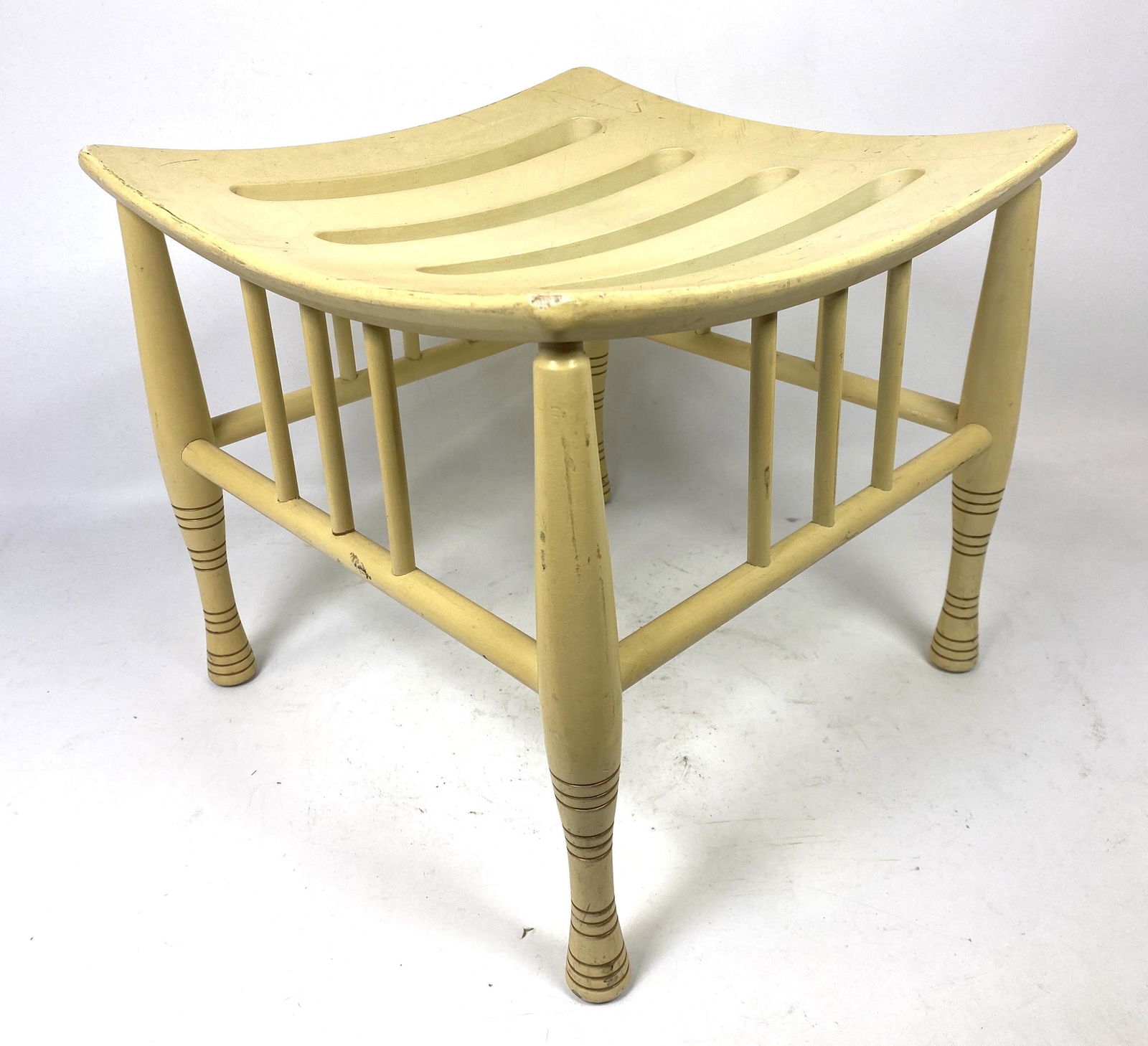 Thebes style wood stool Bench. Slat seat turned legs. (1 of 9)