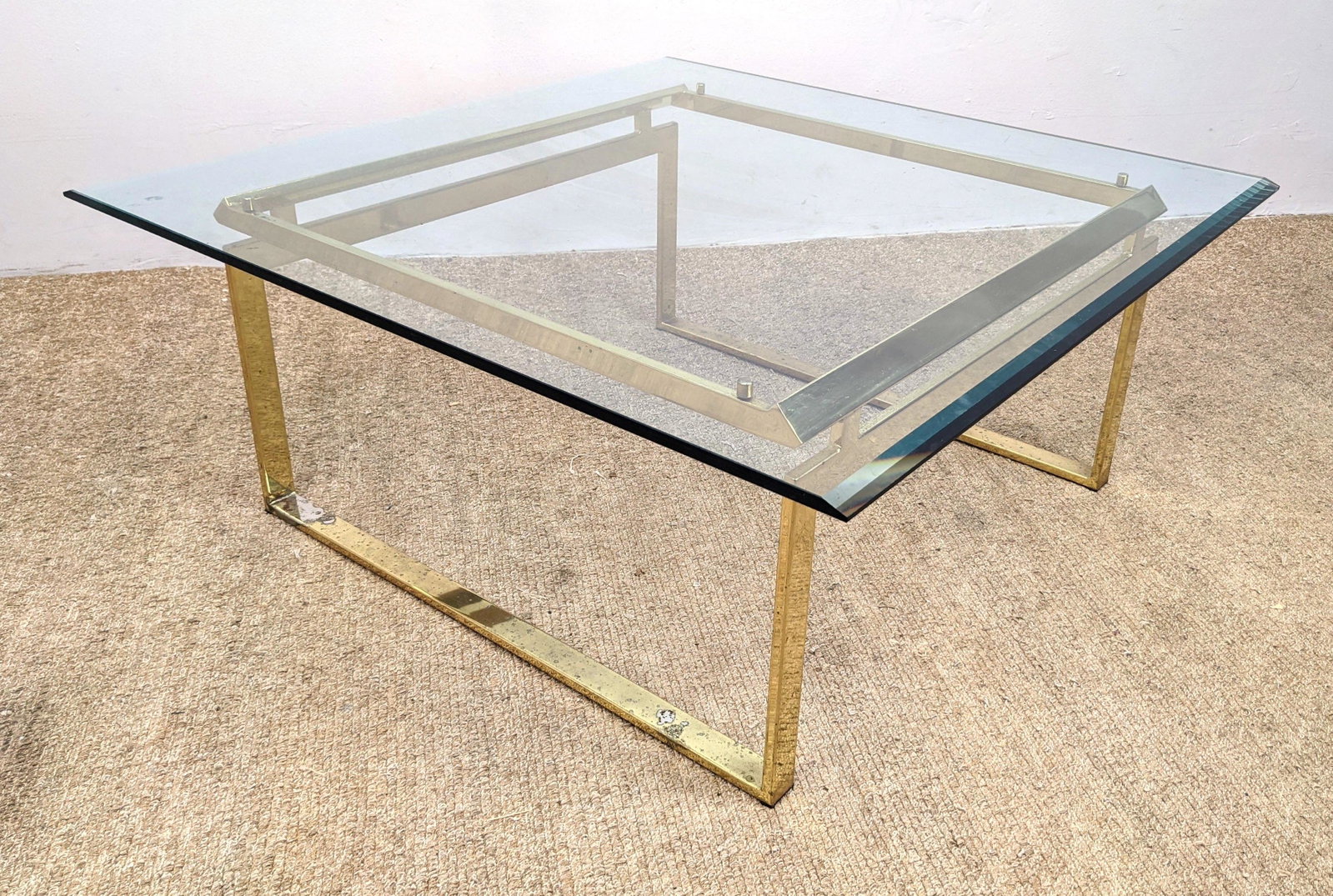 80s Modern Coffee Cocktail Table. Gold Tone and Glass.: 80s Modern Coffee Cocktail Table. Gold Tone and Glass. -- Dimensions: H: 16 inches: W: 38 inches: D: 38 inches ---