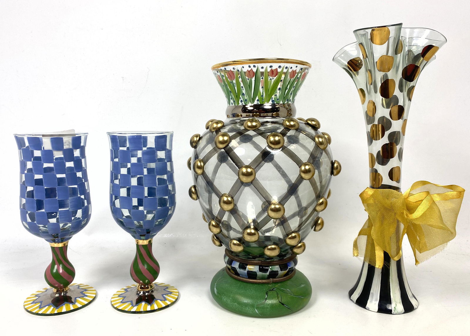 4 pcs Mackenzie Childs Glass.  2 Goblets and 2 Vases. (1 of 9)