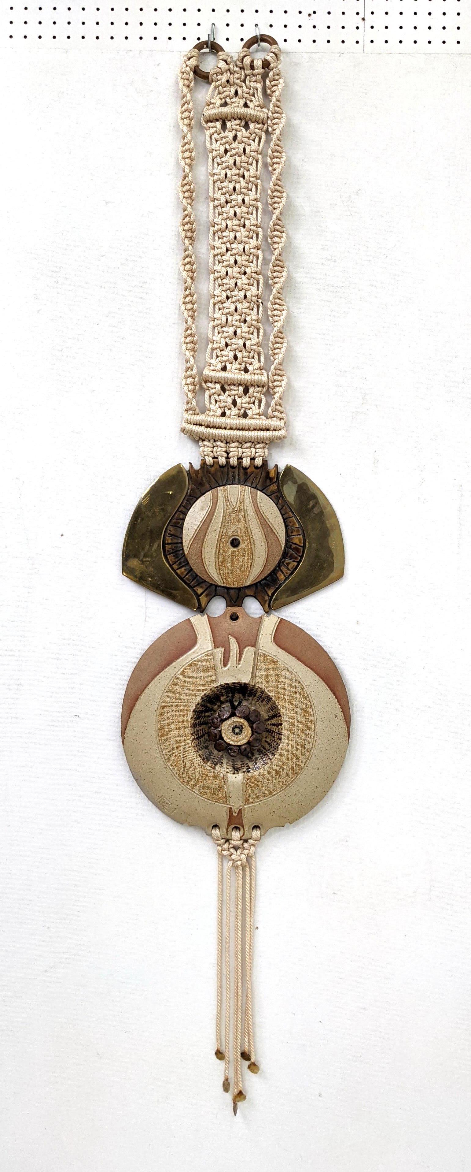 Fred Wiesener Brass, Pottery and Macrame Wall Hanging. (1 of 19)