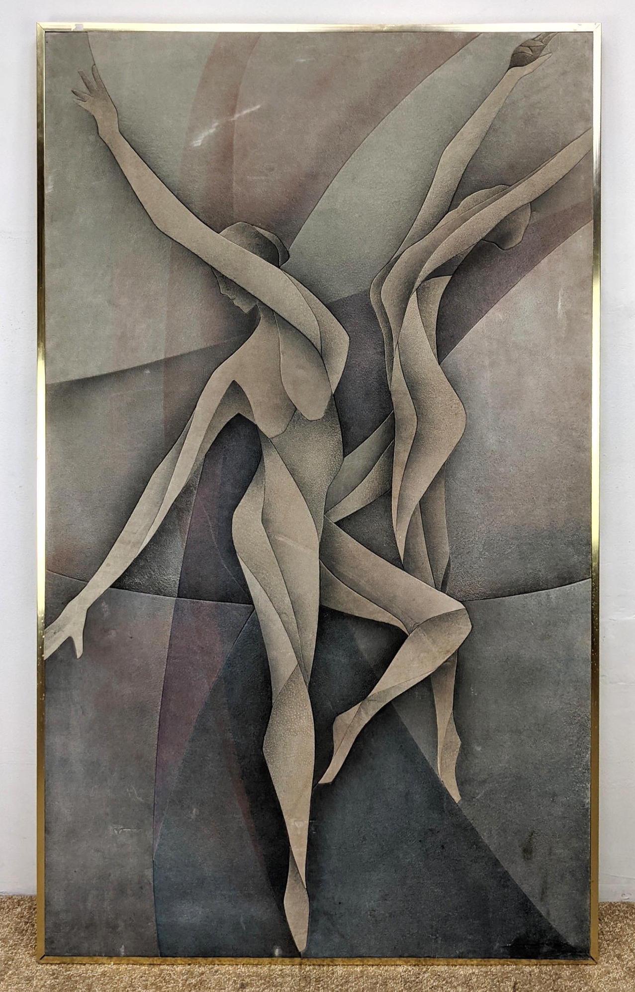 Modernist Leather Suede Pieced Art. Nude Dancers. Signe: Modernist Leather Suede Pieced Art. Nude Dancers. Signed illegibly on reverse. -- Dimensions: H: 60.75 inches: W: 36.5 inches: D: 1.5 inches ---