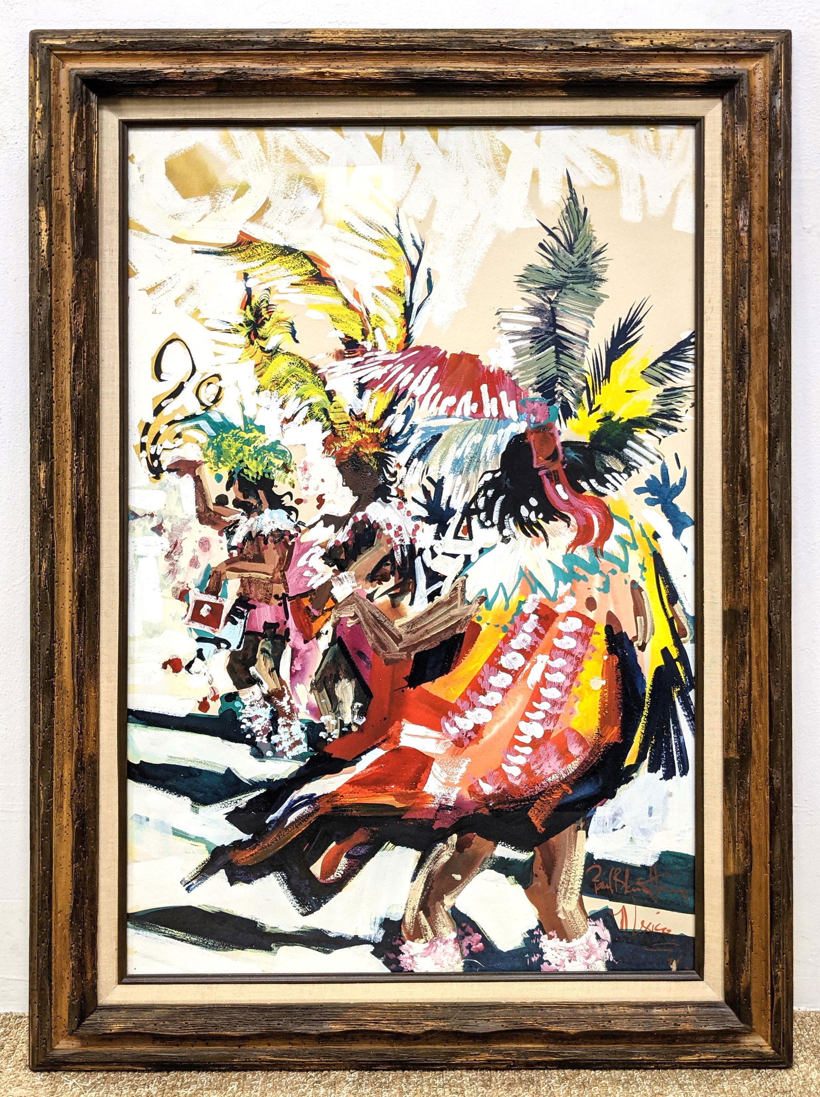 PAUL BLAINE HENRIE Figural Painting. Mexico. "Indians o: PAUL BLAINE HENRIE Figural Painting. Mexico. "Indians of Tlalteloles Dance for Great One." High energy painting. Signed. -- Dimensions: Image Size: H: 35.5 inches: W: 23.5 inches -- FRAME SIZE: Frame