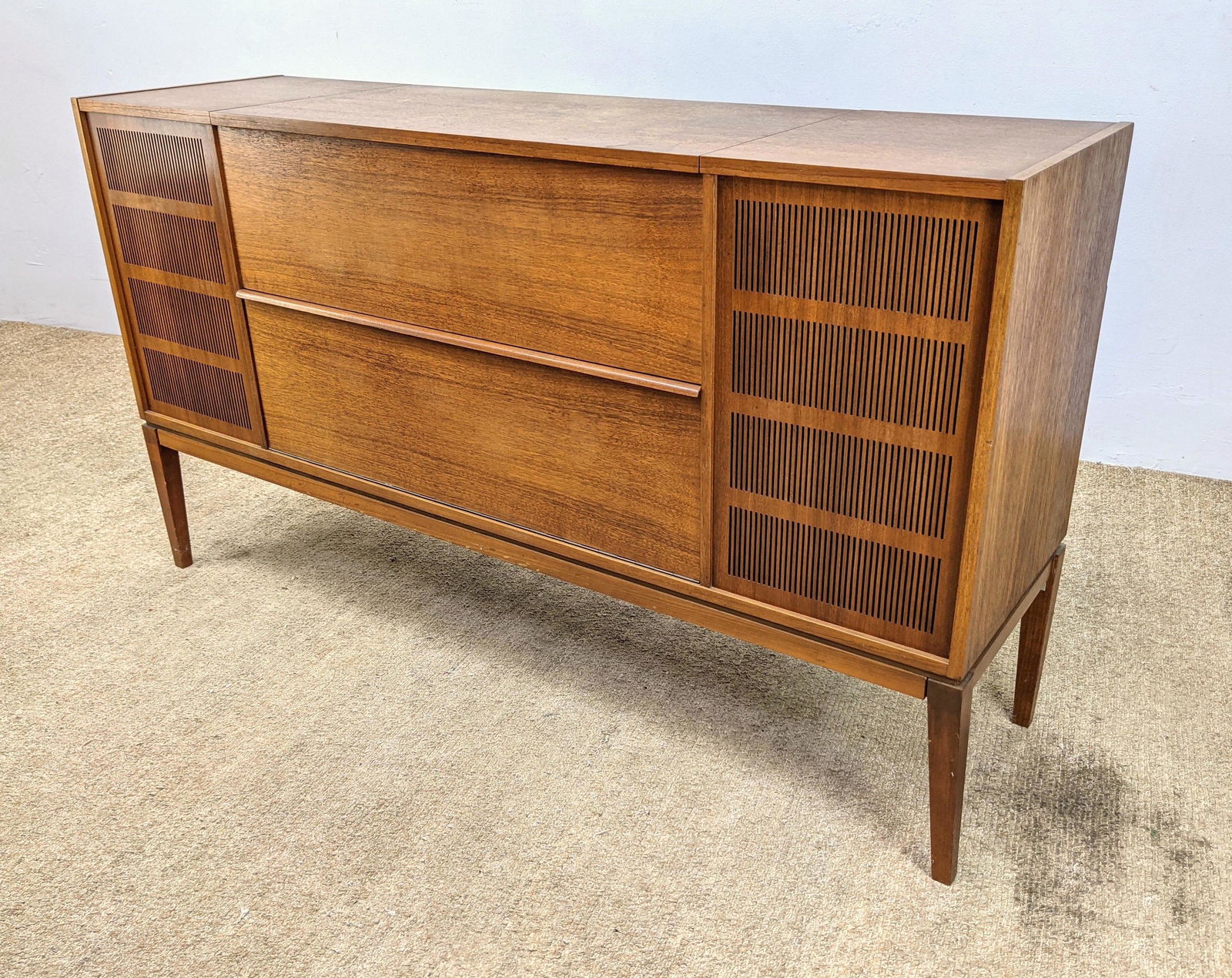 Saba 3060 Teak Modern Stereo Cabinet Credenza. Slat Cov