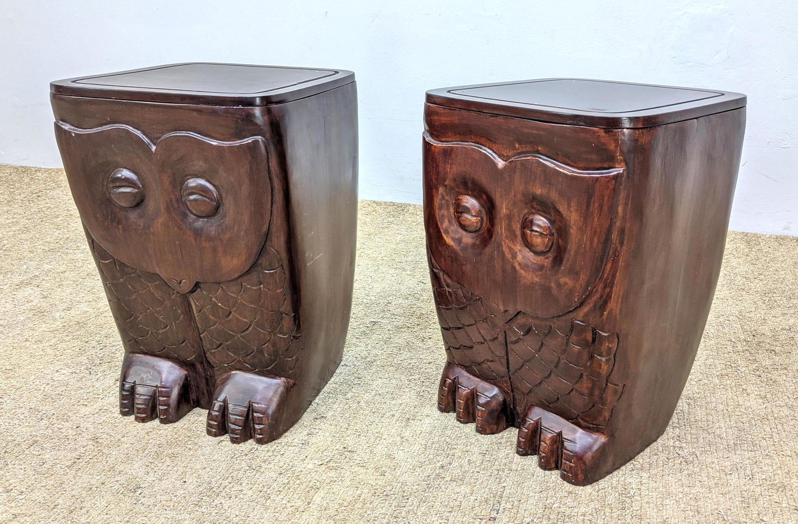 Pr Carved Wood Owl Storage Cabinets stools. Lidded Stan (1 of 12)