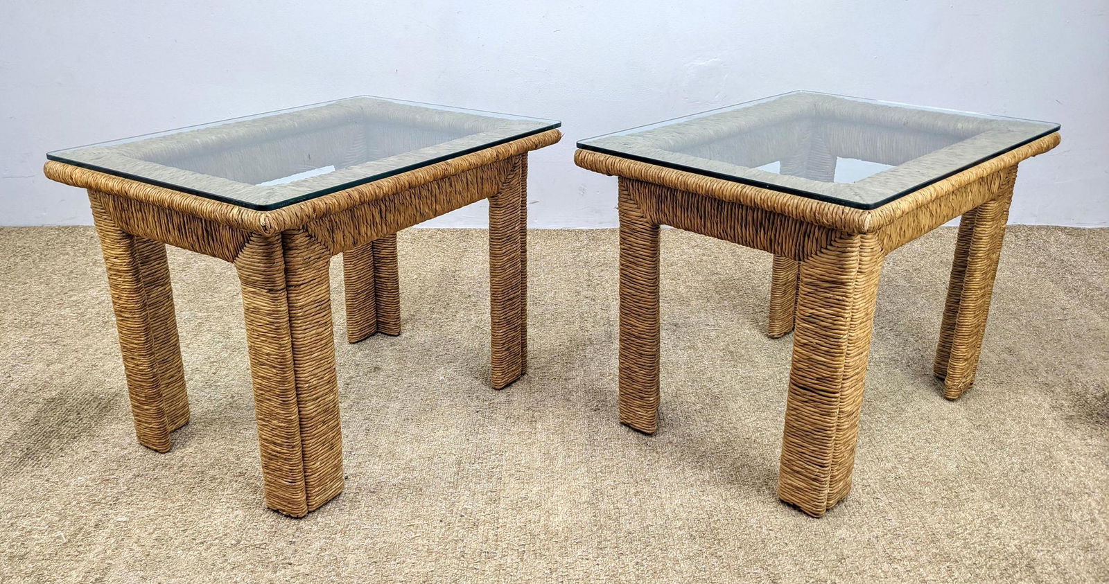 Pair Woven Wrapped Rattan Side Tables.  Glass Tops. (1 of 9)
