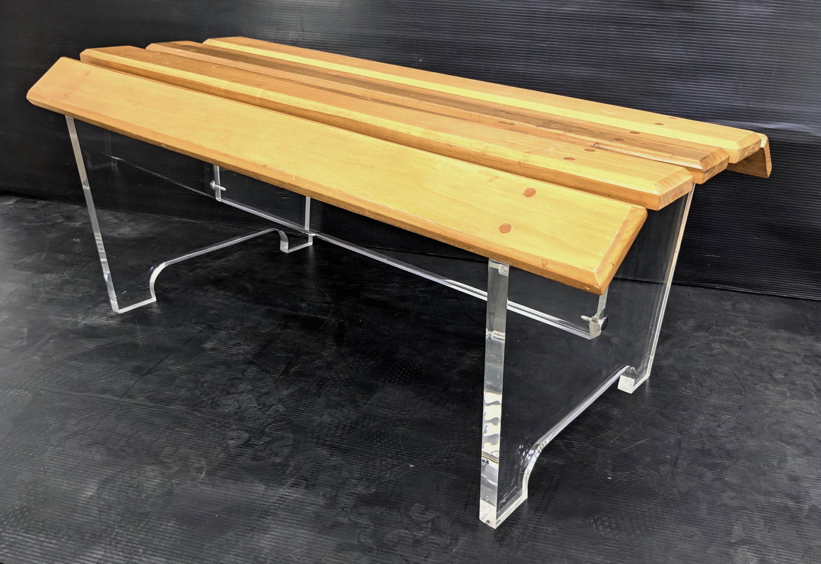 Wood Slat Seat Lucite Base Modernist Design Bench: Wood Slat Seat Lucite Base Modernist Design Bench-- Dimensions: H: 18.5 inches: W: 42 inches: D: 22.5 inches ---