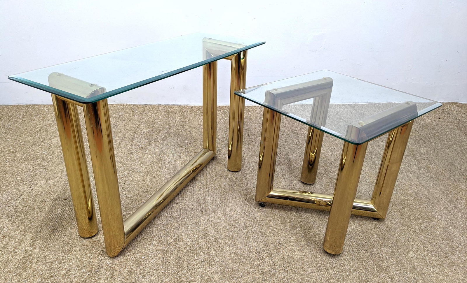 2 Decorative Brass Tone Tables.  Thick tube frames with (1 of 18)