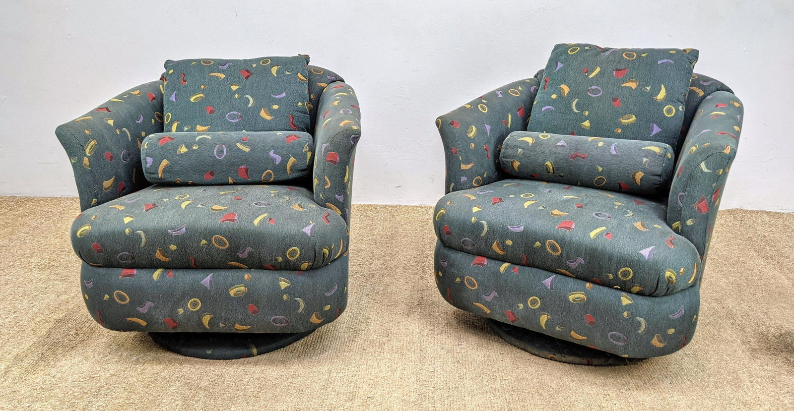 Pair Swivel Rocking Lounge Chairs.: Pair Swivel Rocking Lounge Chairs. -- Dimensions: H: 29 inches: W: 31 inches: D: 33 inches ---