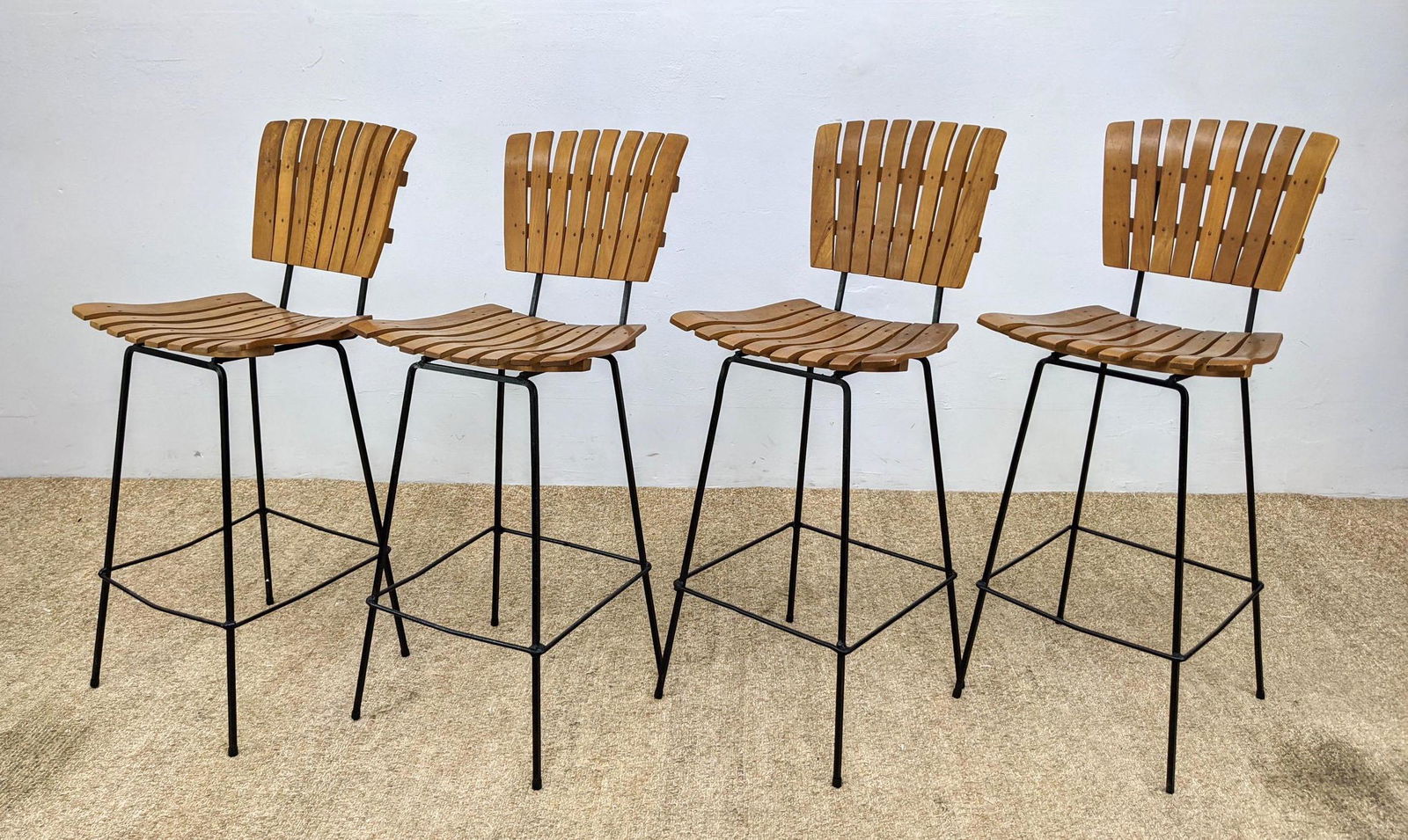 4 ARTHUR UMANOFF  Wood Slat Bar Stools. Slat back & sea (1 of 11)