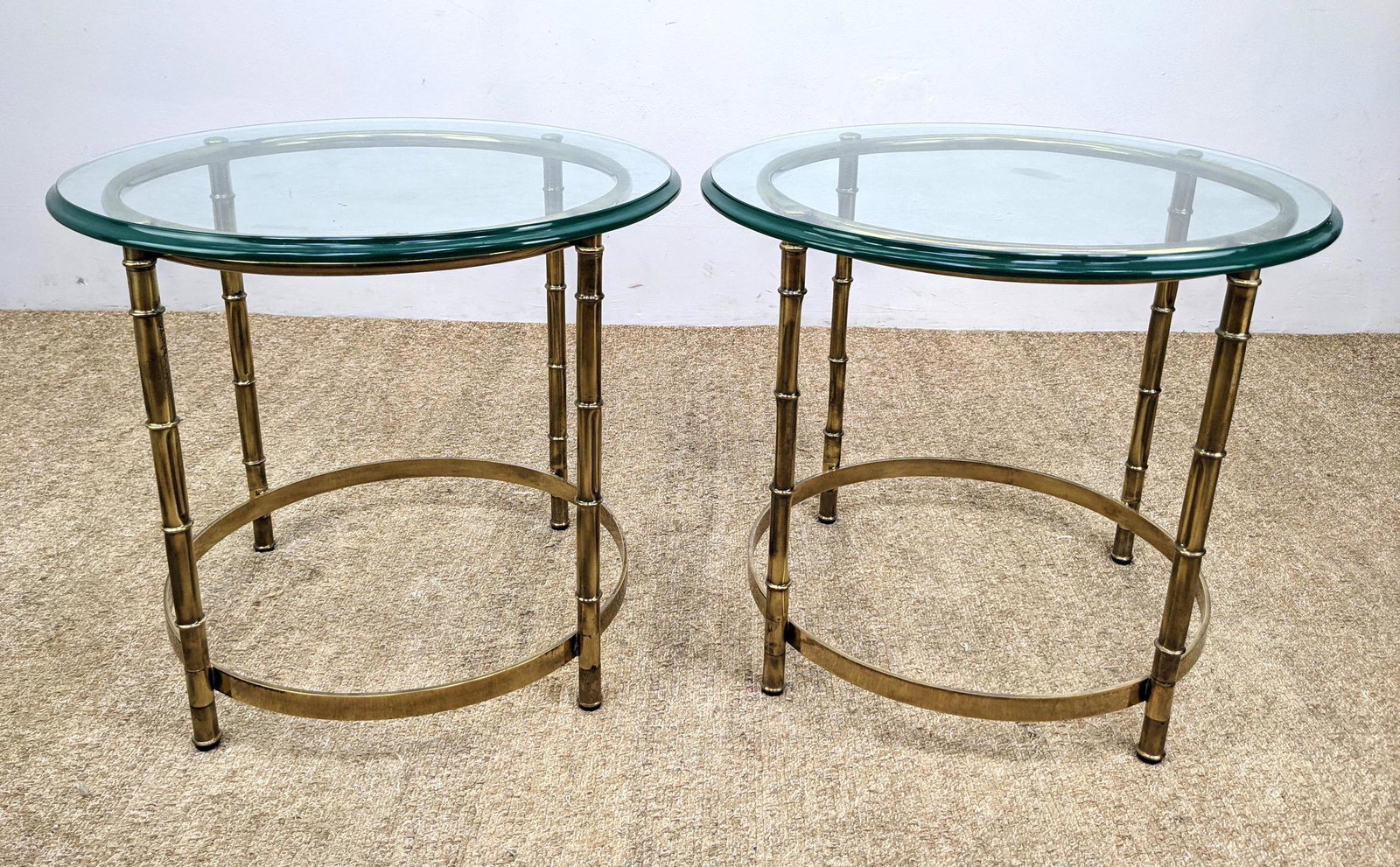 Pair Faux Bamboo Side Tables with Glass Tops.  Gold ton (1 of 11)