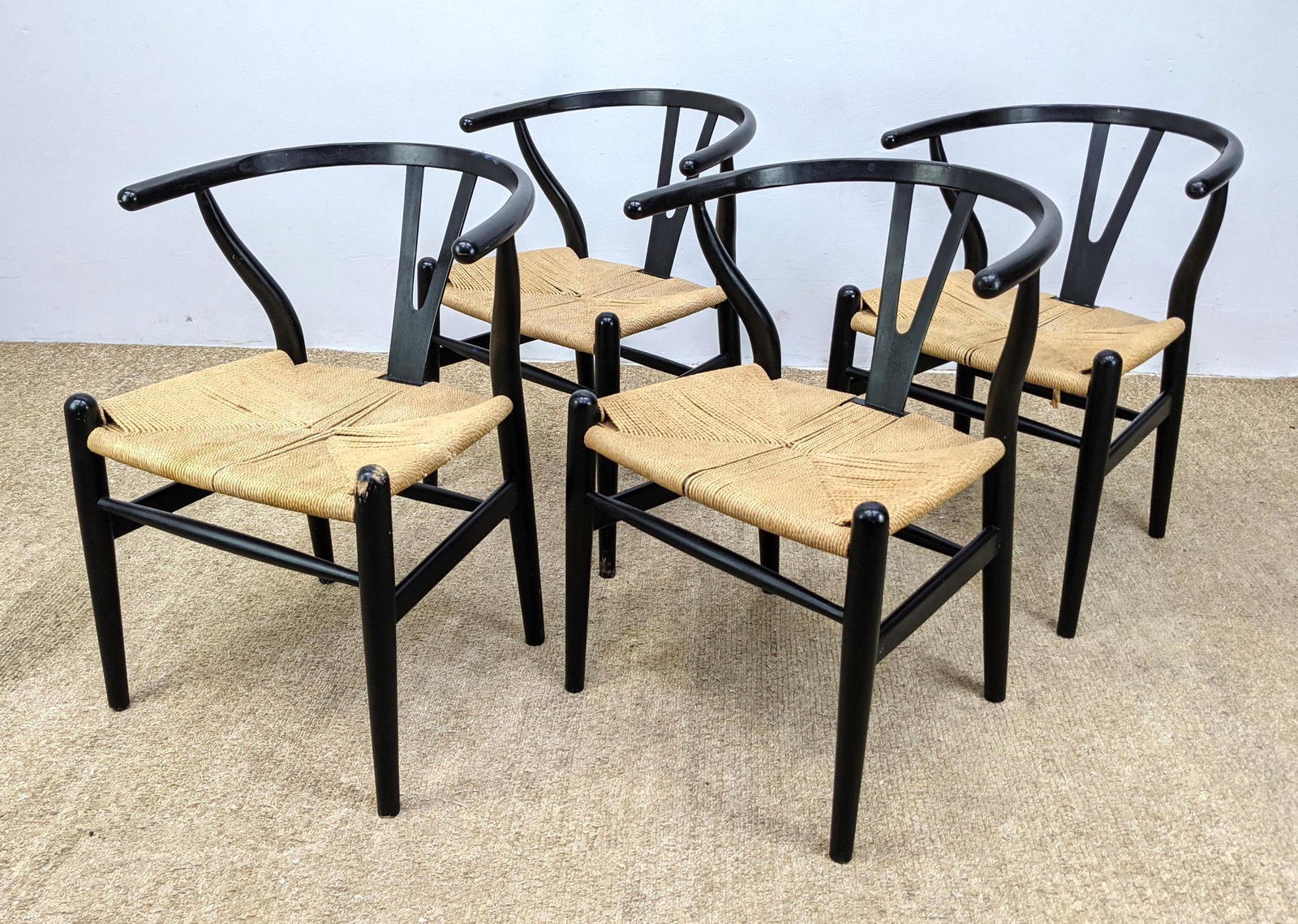 Set 4 Hans Wegner Style Wishbone Chairs.  Unmarked. (1 of 15)