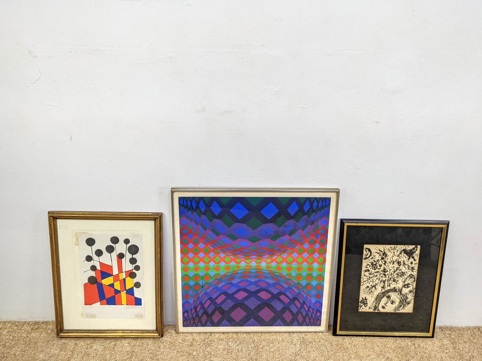 3pc Modernist Prints. Victor Vasarely, Calder, Chagall. (1 of 19)