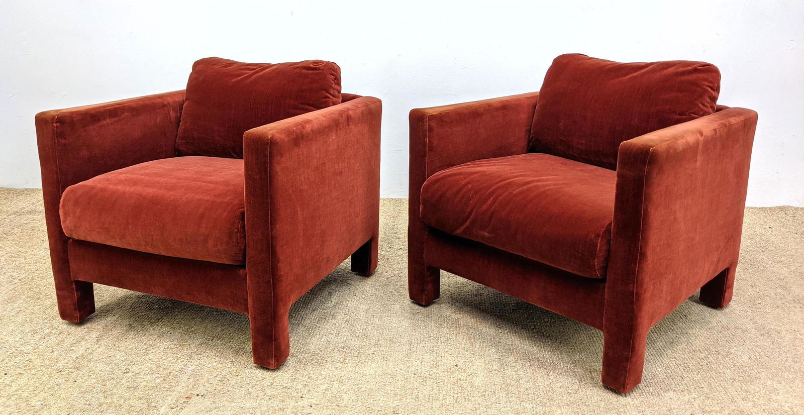 Pair Fully Upholstered Lounge Chairs.  Rust upholstery. (1 of 13)