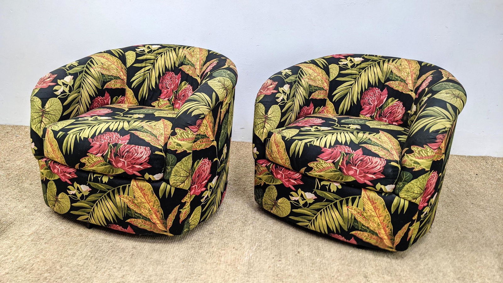 Pair Floral Upholstered Swivel Lounge Chairs. (1 of 10)