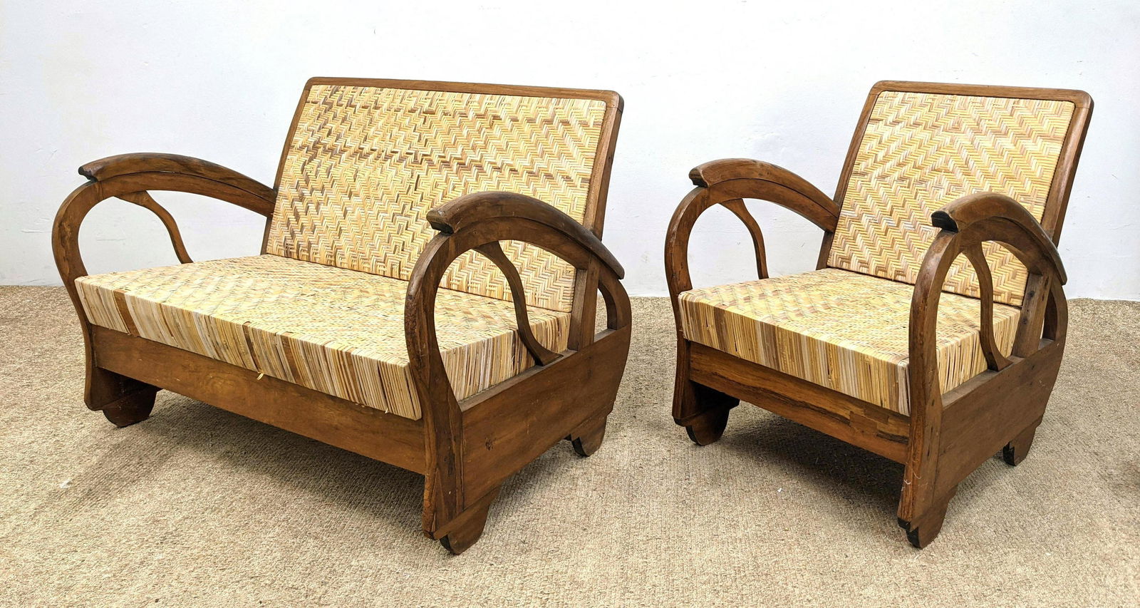 2pc French style Woven Rattan Love Seat, Lounge Chair. (1 of 18)