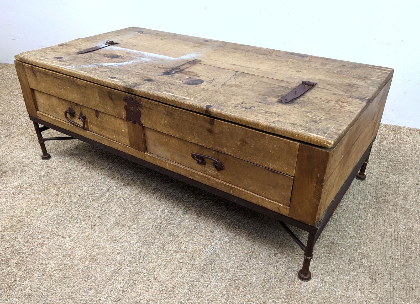 Vintage Pine Chest on Custom Metal Base Cocktail Table. (1 of 17)