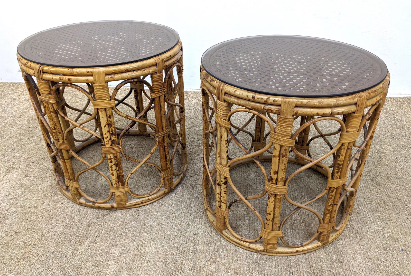 Pr Bamboo Side Tables. Caned tops with glass covers (1 of 8)