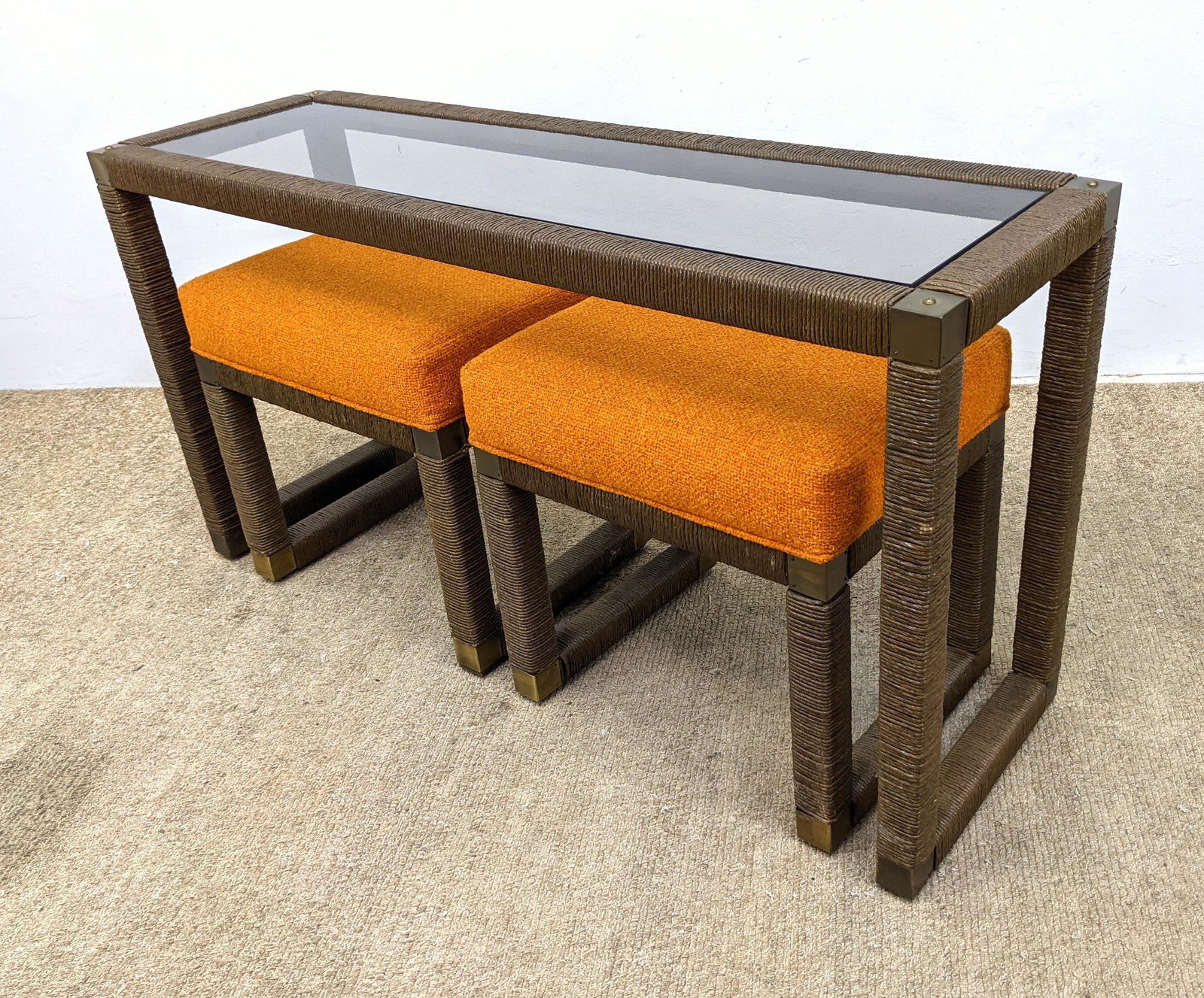 3pc Glass Top Hall Table. Two Upholstered Stools Bench (1 of 12)