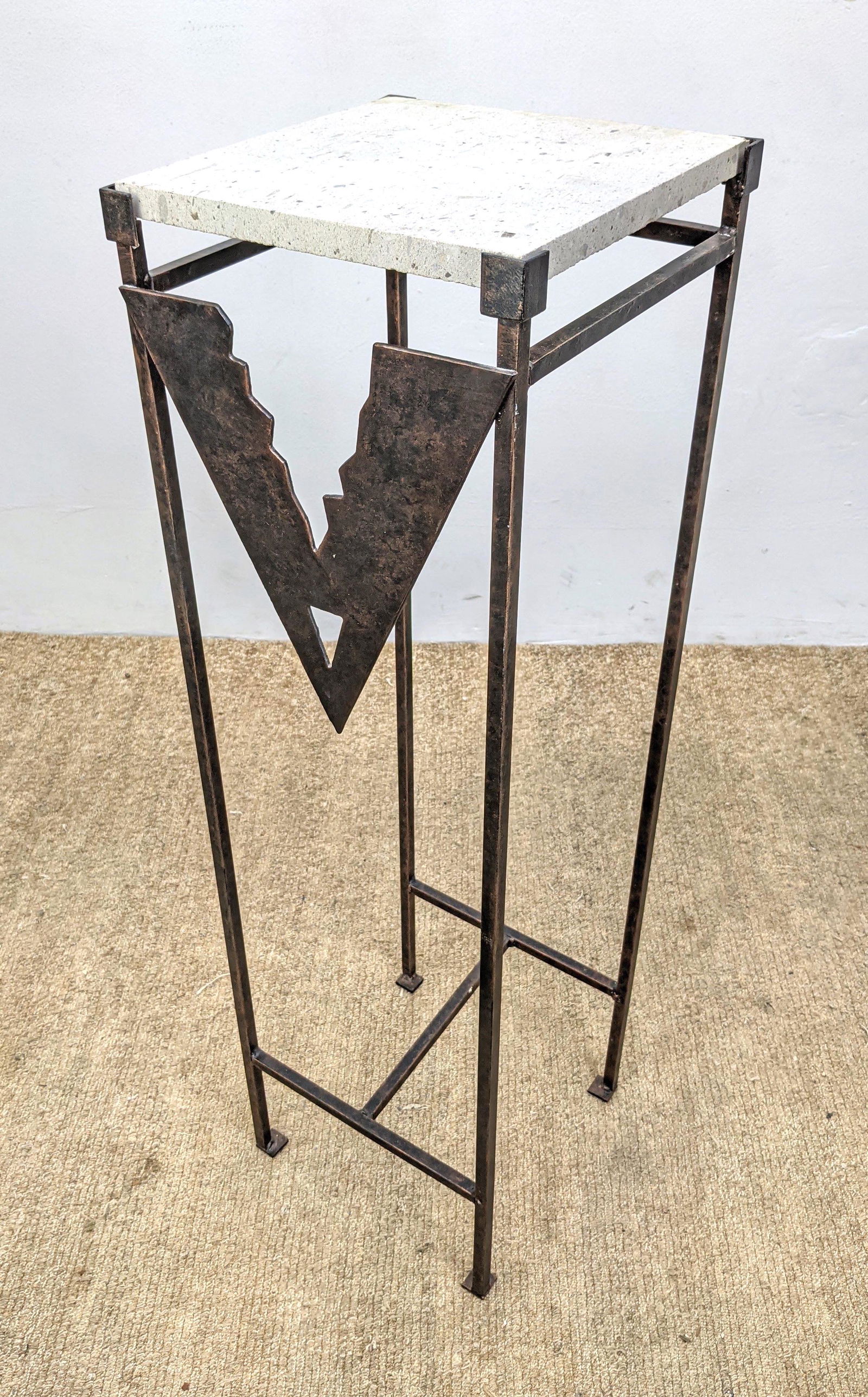 Artisan Memphis style travertine Iron Stand Display Ped: Artisan Memphis style travertine Iron Stand Display Pedestal. Memphis style V element. -- Dimensions: H: 39 inches: W: 12 inches: D: 12 inches ---
