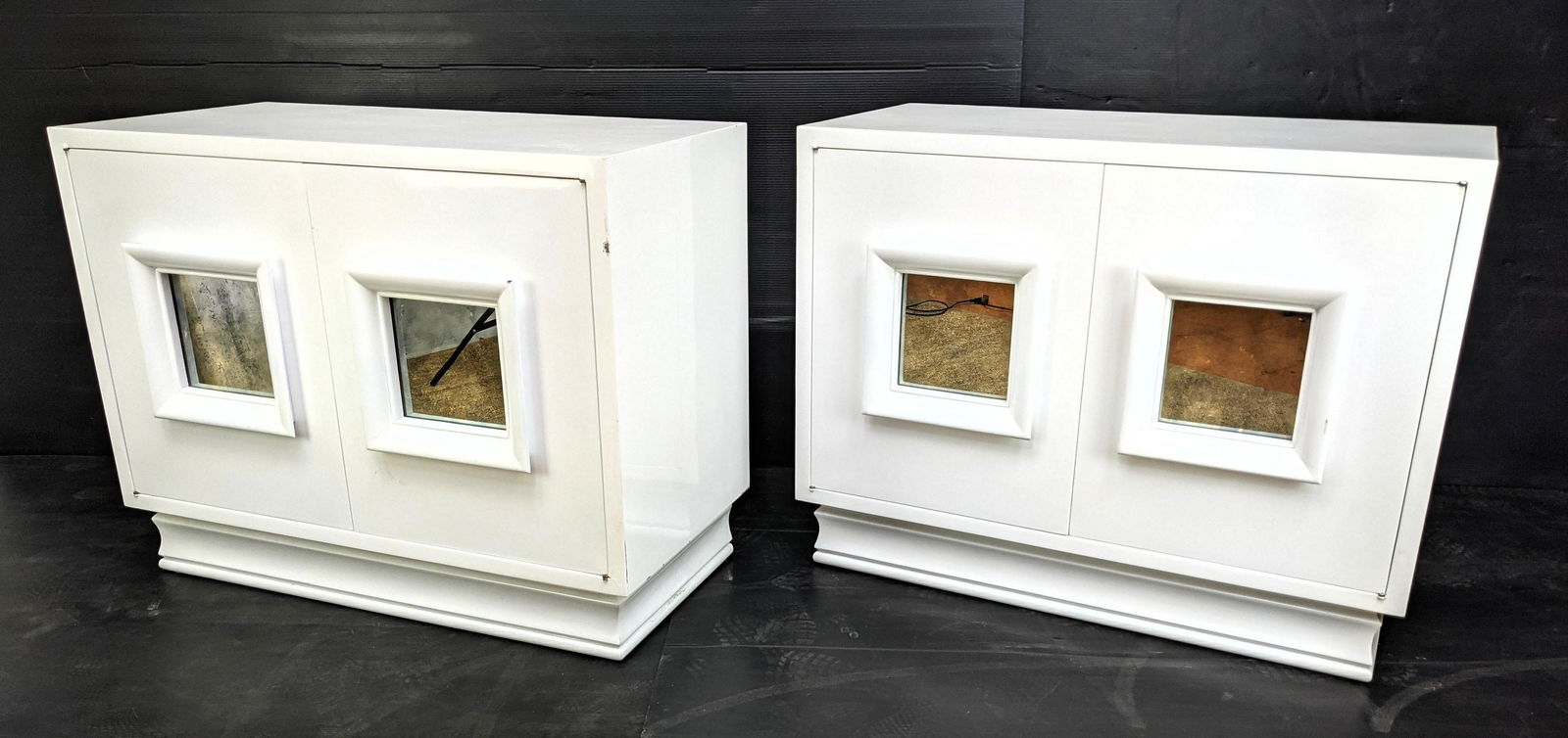 Pair White Lacquer Server Cabinets.  2 Doors with inset (1 of 14)