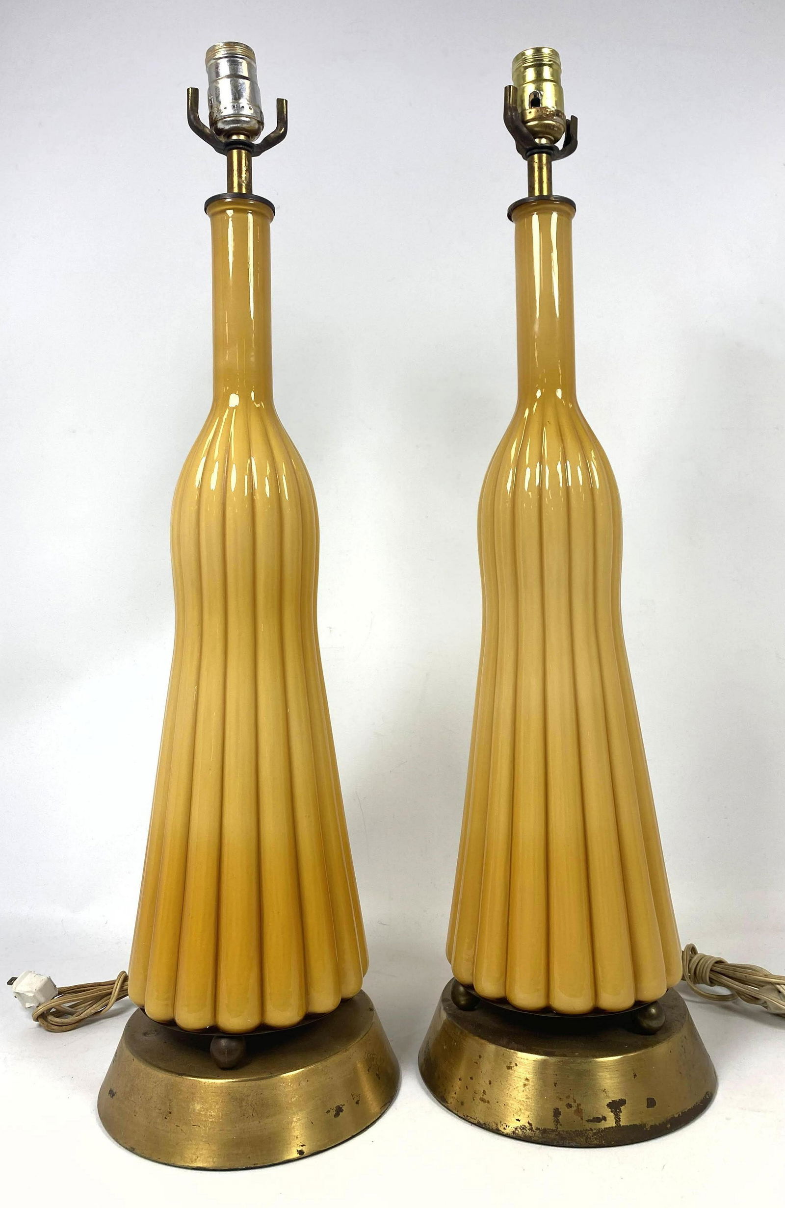 Pair ribbed Yellow Glass Table Lamps. (1 of 9)