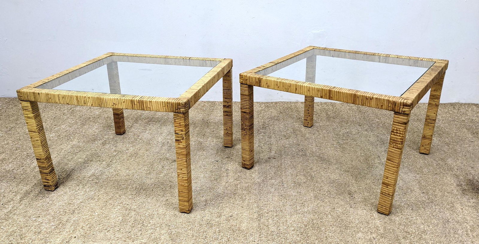 Pair Rattan Wrapped Side Tables with Inset Glass. (1 of 10)