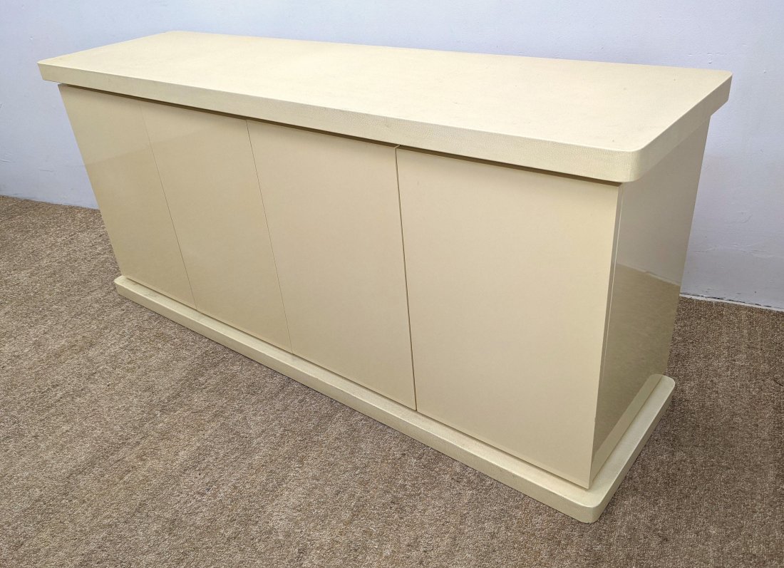 Off White Reptile skin Textured Credenza. Platform Base: Off White Reptile skin Textured Credenza. Platform Base. Fitted interior. -- Dimensions: H: 32 inches: W: 72 inches: D: 20 inches ---