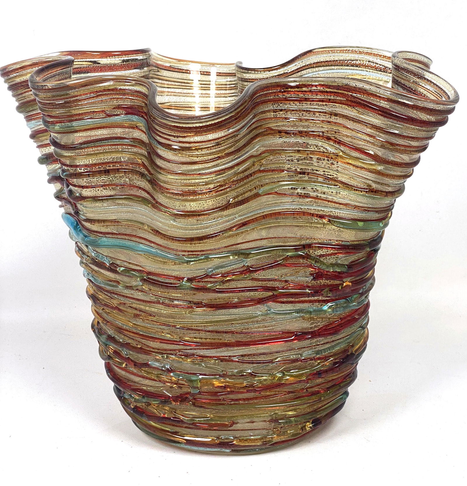 Signed Art Glass Vase with Ribbon Edge. Applied glass d (1 of 11)