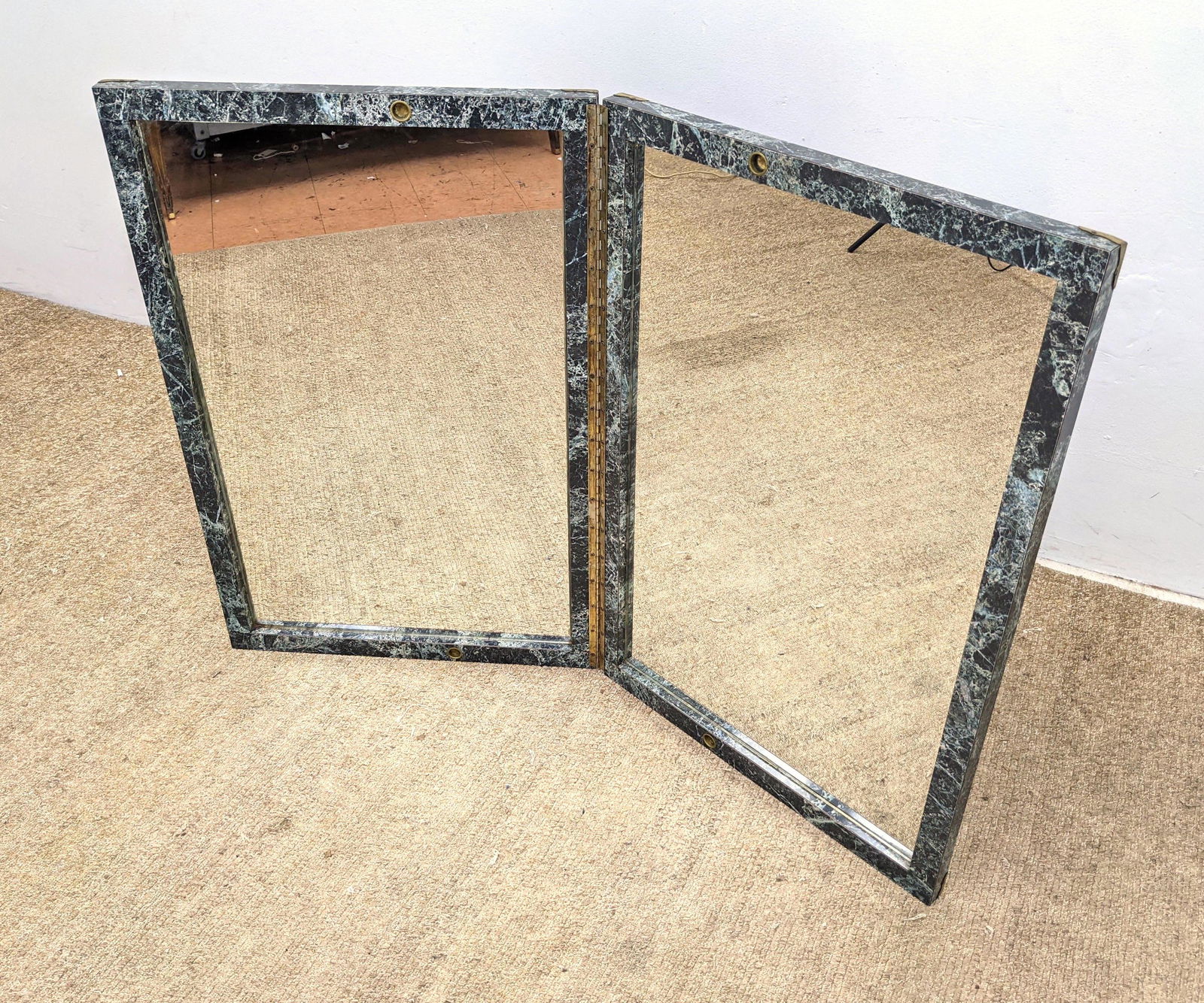 Folding Faux Marble Laminate Mirror. Brass Accents. (1 of 11)